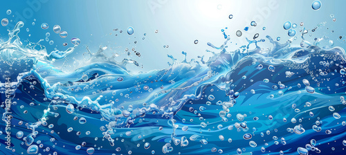 Blue Background, Dynamic Water Wave and Bubbles