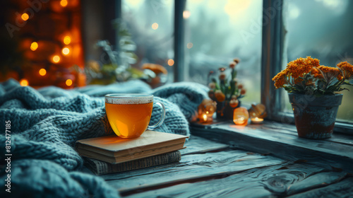 An Autumn Setting Featuring A Cup Of Tea, A Comforting Knit Blanket, And A Good Book, Perfect For A Relaxing Read By The Window