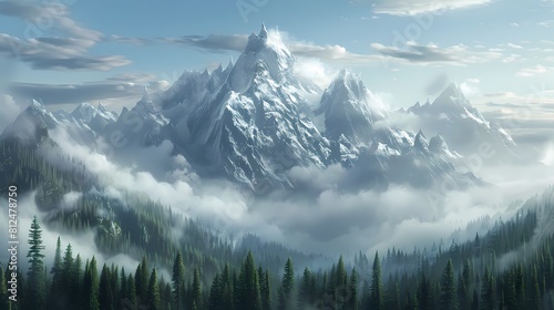 A breathtaking 4K landscape of a snow-capped mountain range, with towering peaks piercing the clouds and a dense forest of evergreen trees blanketing the foothills.