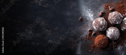 A top view of a chocolate truffle candy on a dark stone background adorned with cacao powder chocolate chips and silver sugar thongs Copy space image
