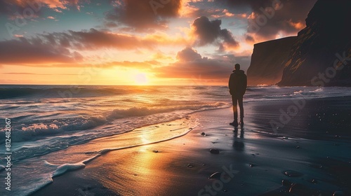 A person stands on a sandy beach gazing at the ocean as the sun sets on the horizon. The sky is a vibrant mix of oranges, pinks, and purples, with scattered clouds catching the last light of the day. 