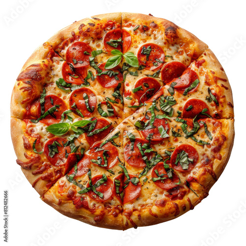 Delicious freshly baked pepperoni pizza topped with slices of tomato, fresh basil, and gooey melted cheese transparent background, PNG