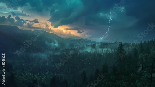 A dramatic 4K landscape of a stormy sky over rugged mountains, with lightning illuminating the dark clouds and rain pouring down on a dense forest of trees below, creating a scene of raw