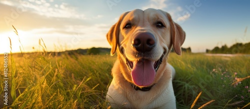 A cheerful yellow Dudley Labrador retriever dog poses for a portrait in front of a textured concrete wall providing ample copy space for creative use