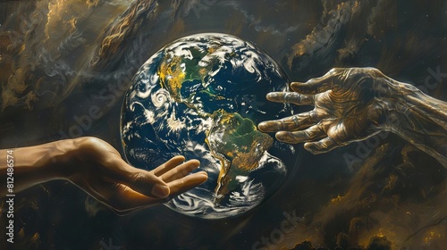 Magnetic hands attracting a metallic Earth, illustrating the magnetic forces of our planet
