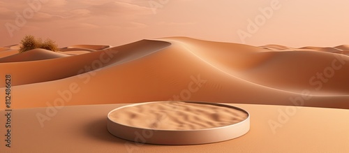 A circular stage set on a sandy surface serves as a natural pedestal for presenting cosmetic products or showcasing package advertisements With a top view perspective there is ample copy space in the