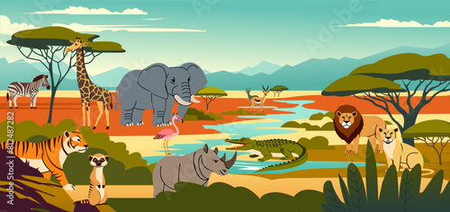 Animals zoo. African savanna landscape. Wild nature park. Jungle bird. Cartoon elephant and tiger. Savannah biodiversity. Tropical flamingo. River crocodile. Zebra and giraffe. Vector safari scenery
