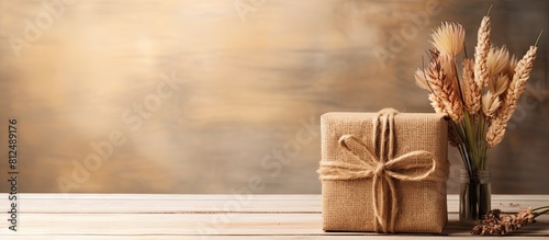 Craft gift box placed on a wooden table with raffia or twine providing ample copy space in the image