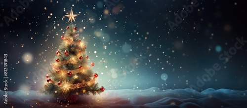 A festive Christmas fir tree adorned with beautiful ornaments and twinkling lights creating a vibrant and joyful atmosphere There is plenty of copy space surrounding the image