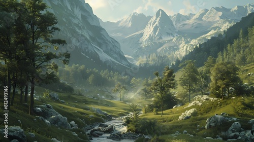 A peaceful woodland scene with a meandering stream flowing through a valley, flanked by towering mountains and a dense forest of trees in varying shades of green, creating a scene of nature. 