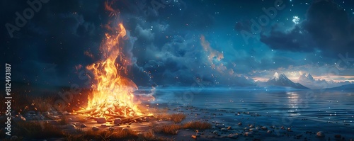 A bonfire on a beach where the flames create figures and faces, telling ancient stories of fire gods