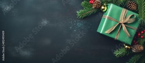 Top view composition of holiday gifts in a green box intertwined with ropes and a fresh fir tree branch on a festive background offering ample copy space for your message