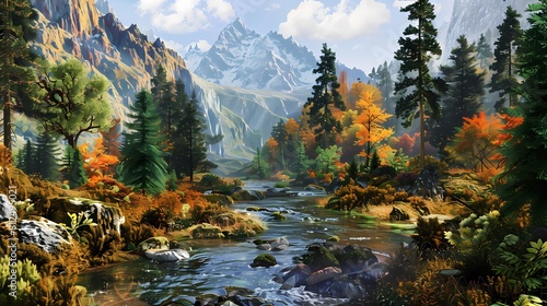A peaceful woodland scene with a meandering stream flowing through a valley, flanked by towering mountains and a dense forest of trees in varying shades of green, creating a scene of nature. 