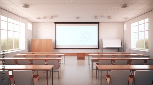 Empty lecture hall with a large projection screen, ideal for educational content or conference promotions