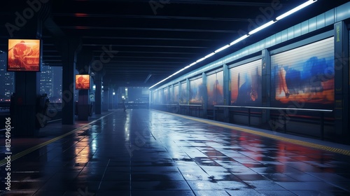 Empty subway station platform at night, offering a unique urban setting for movie posters or music album covers