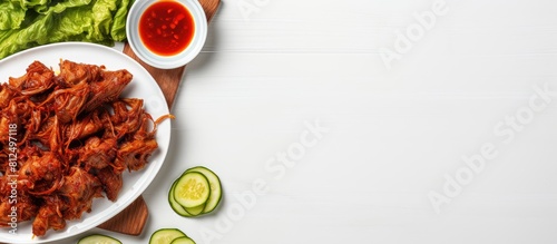 Copy space image of fried sun dried pork and green cabbage leaves arranged in a white plate accompanied by a small bowl of hot chili sauce viewed from the top on a dining table