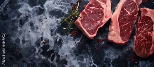 A copy space image of succulent tender beef steaks with rich marbling