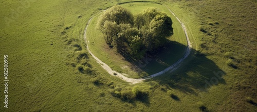 In the field there is a copse shaped like a heart when viewed from above with a copy space image