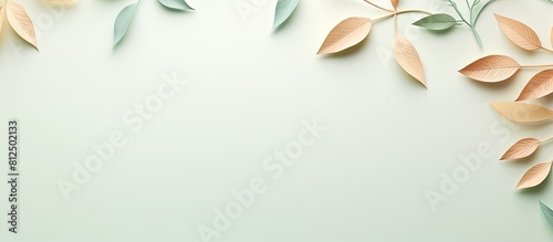 A minimalistic concept with a nature theme featuring a top down view of pastel background with tree leaves perfectly suited for copy space image
