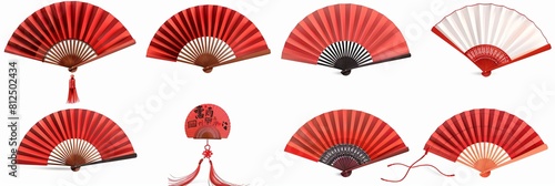 Chinese hand fan, wooden handlend accessory from Asia. Isolated on a white background, set of open and closed red Japanese fans represents traditional Asian or Spanish folding souvenirs with tassels.