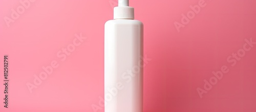 A white dispenser for shampoo cream or soap is seen from a top view on a pink background with plenty of room for text or images around it This blank plastic bottle is associated with skincare