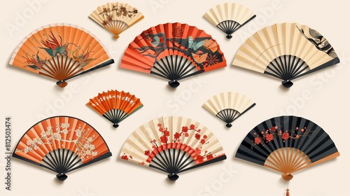 Fan paper by hand. Asian traditional folding hand fan, wooden Chinese traditional hand fans, Japanese souvenirs, vector illustration icons set. Chinese fan decorations, mementos of Asian culture