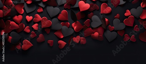 A romantic Valentine s Day backdrop featuring isolated red hearts on a black background The hearts create a love symbol providing copy space for adding text The image is captured from a top down pers