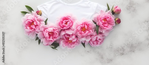 A mockup of a white women s cotton t shirt with pink peony flowers on a gray concrete background The t shirt design template is showcased in a print presentation mock up captured from a top down pers