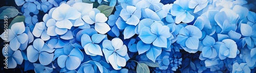Blue hydrangeas in full bloom, clusters of flowers creating a soothing sea of blue, cool and calming