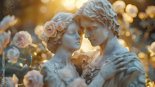 Tender Embrace of Loving Couple in Serene Floral Garden with Warm Lighting and Ethereal Atmosphere