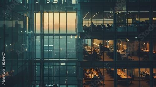 Working during the evening in a glass business center office building with many glass-walled offices and time-lapse lighting. individuals seated at desks. Take a zoom out