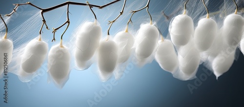 White silkworm cocoons are used to produce silk thread and silk fabric as shown in the copy space image