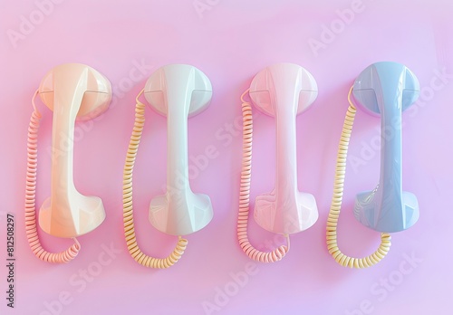 Four colorful vintage telephone receivers arranged in a row on a pink background