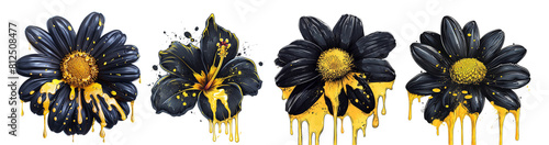 Black flowers yellow paint dripping cutout set
