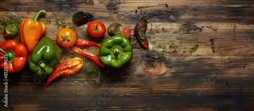 A top down view of decomposed vegetables specifically moldy and wrinkled rotten peppers resting on a wooden background The image conveys the concept of spoiled unhealthy food found in a garbage dump
