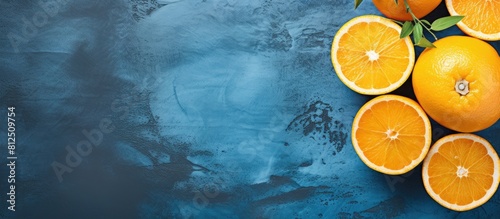 A top down view of ripe juicy oranges The oranges have been cut in half and are displayed on a blue concrete background A wooden reamer is visible in the image. Creative banner. Copyspace image