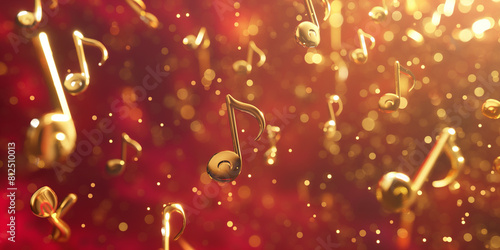 Goldene fliegende Notenschlüssel der Musik auf roten Hintergrund und Lichter Bokeh im Querfomat für Banner