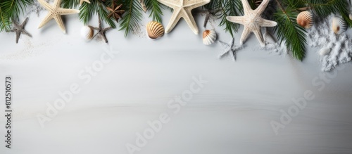 Top view image of a pine tree branches with seashells and starfish arranged on a gray background Represents a tropical Christmas holiday with empty space for text or images. Creative banner