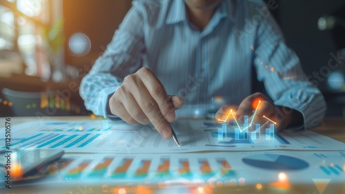 A businessman analyzes a company's financial balance while working with augmented reality digital graphics. Businessman calculates financial data for long-term investments.