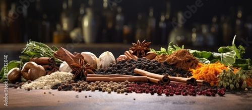 Spices of varying kinds arranged on a textured stone backdrop with ample empty space for a captivating copy space image