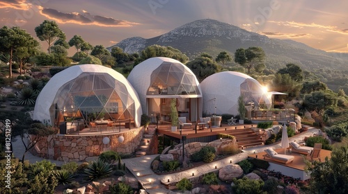 Modern, sustainable geodesic domes nestle in a scenic landscape with a warm sunset backdrop