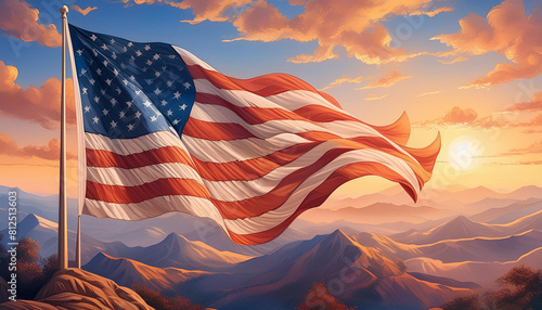 An inspiring image of the American flag waving proudly against a backdrop of a warm sunset sky.