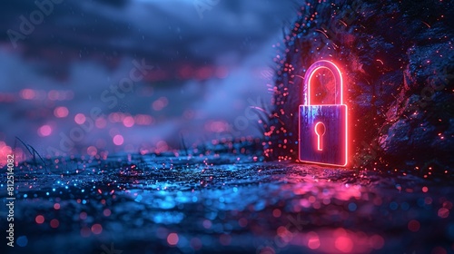 A glowing blue light illustration of a digital lock on a dark backdrop, representing the idea of online security. 3D Rendering.