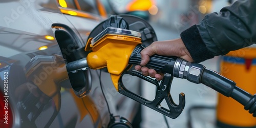 Up close shot of driver's hand refilling premium fuel at self-serve gas station in European location. High-resolution image.