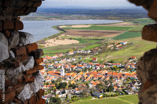 The Pavlov village with vineyards above the Nove Mlyny reservoir. Top view from The Devicky Castle in South Moravia, Czech Republic, Europe.
