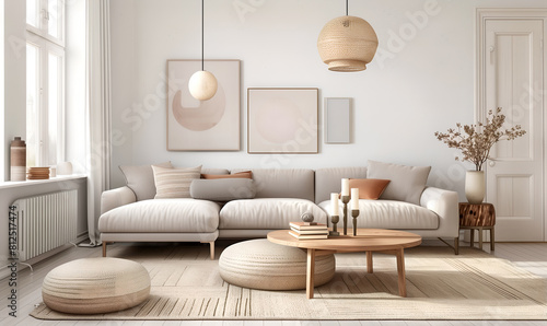 Minimalist living room with a light grey sofa, a wooden coffee table, chair in neutral tones with beige accents. Mid-century modern design. Realistic image of a minimalist scandinavian interior