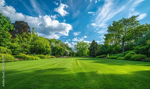 A serene park scene with freshly mowed grass, diverse trees and flowering plants, under a brilliant blue sky with dynamic cloud patterns