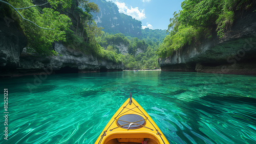 Paddling into crystal clear waters surrounded by lush greenery and towering cliffs