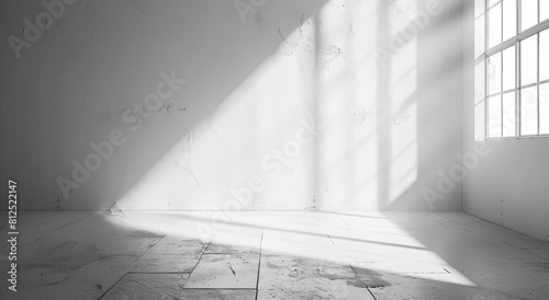 Powerful sunbeams enter through a window, creating stark shadows over a white, minimalist empty room