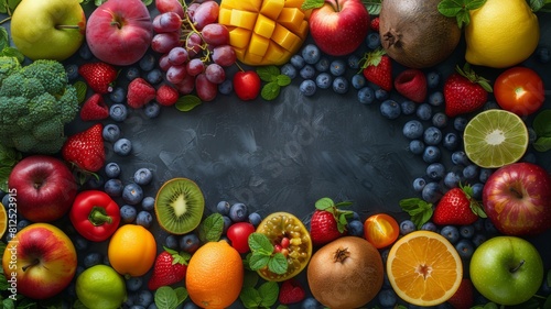 Assorted fresh ripe fruits and vegetables. Food concept background. View from above. Copy space.